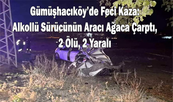 Gümüşhacıköy’de Feci Kaza: Alkollü Sürücünün Aracı Ağaca Çarptı, 2 Ölü, 2 Yaralı